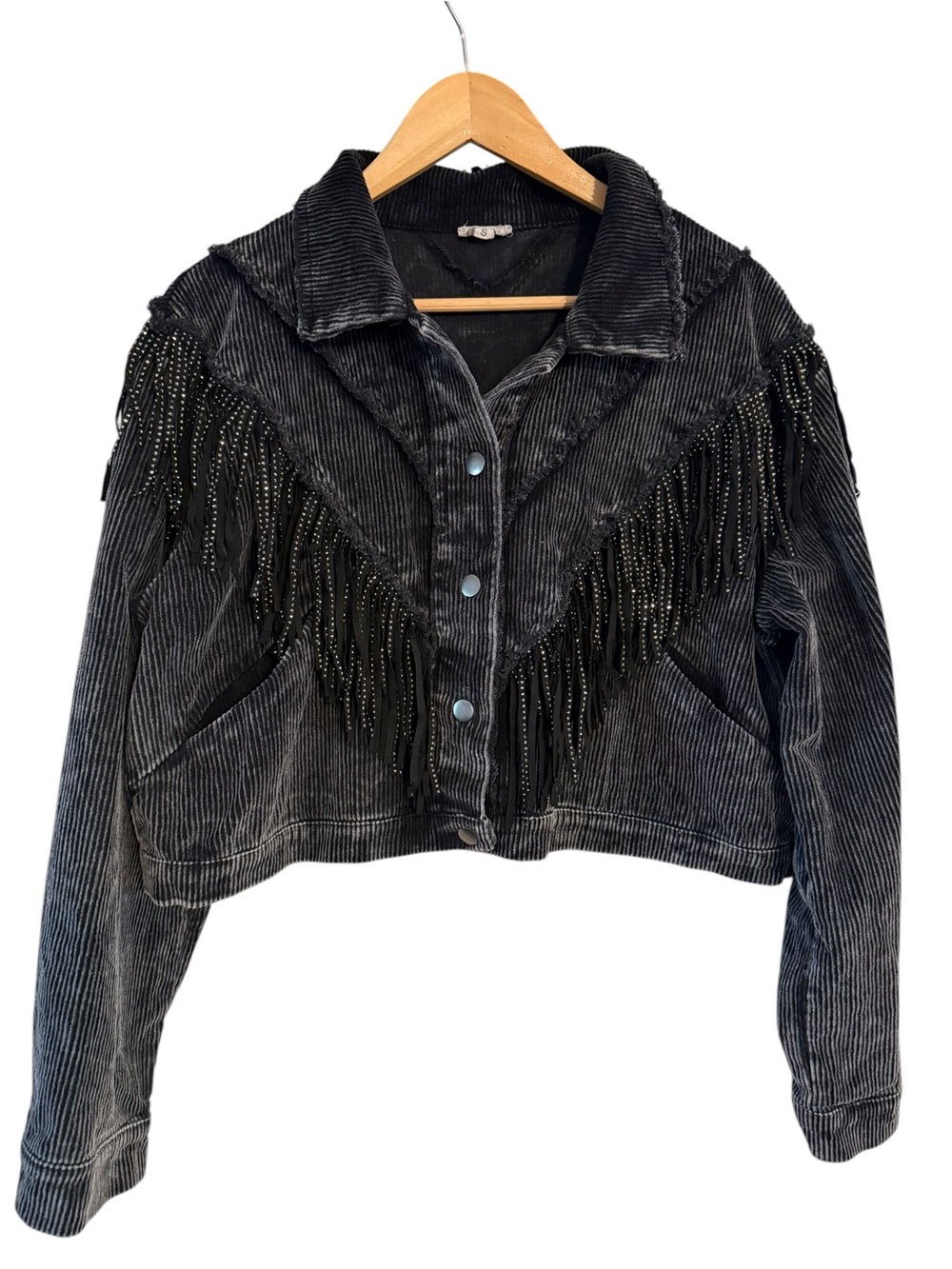 POL Fringe Cropped Corduroy Jacket Silver Bling Boho Coastal Festival Size Small